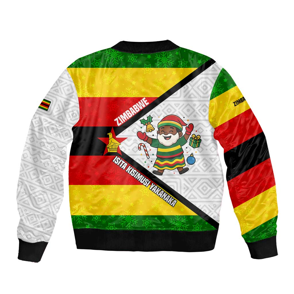 Zimbabwe Christmas Bomber Jacket Festive Santa Palm Tree and Red Yellow Green Flag - African Pride