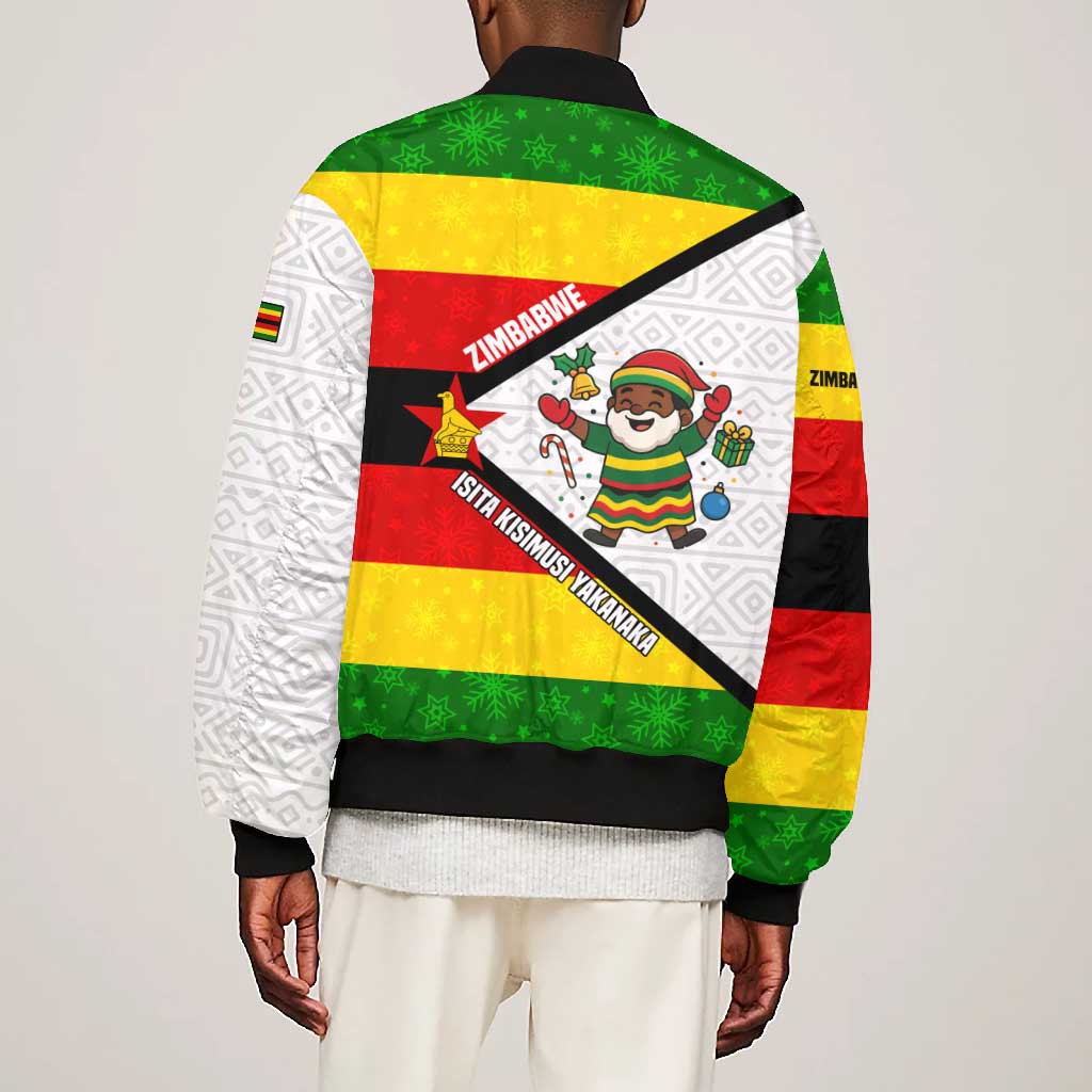 Zimbabwe Christmas Bomber Jacket Festive Santa Palm Tree and Red Yellow Green Flag - African Pride