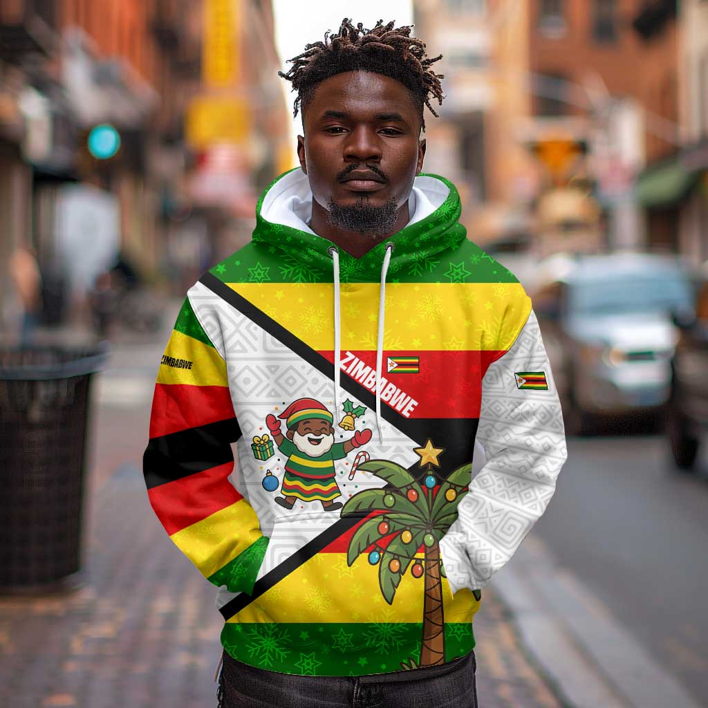 Zimbabwe Christmas Hoodie Festive Santa Palm Tree and Red Yellow Green Flag - African Pride
