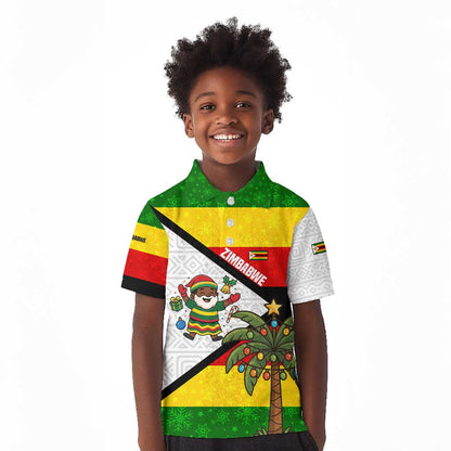 Zimbabwe Christmas Kid Polo Shirt Festive Santa Palm Tree and Red Yellow Green Flag - African Pride