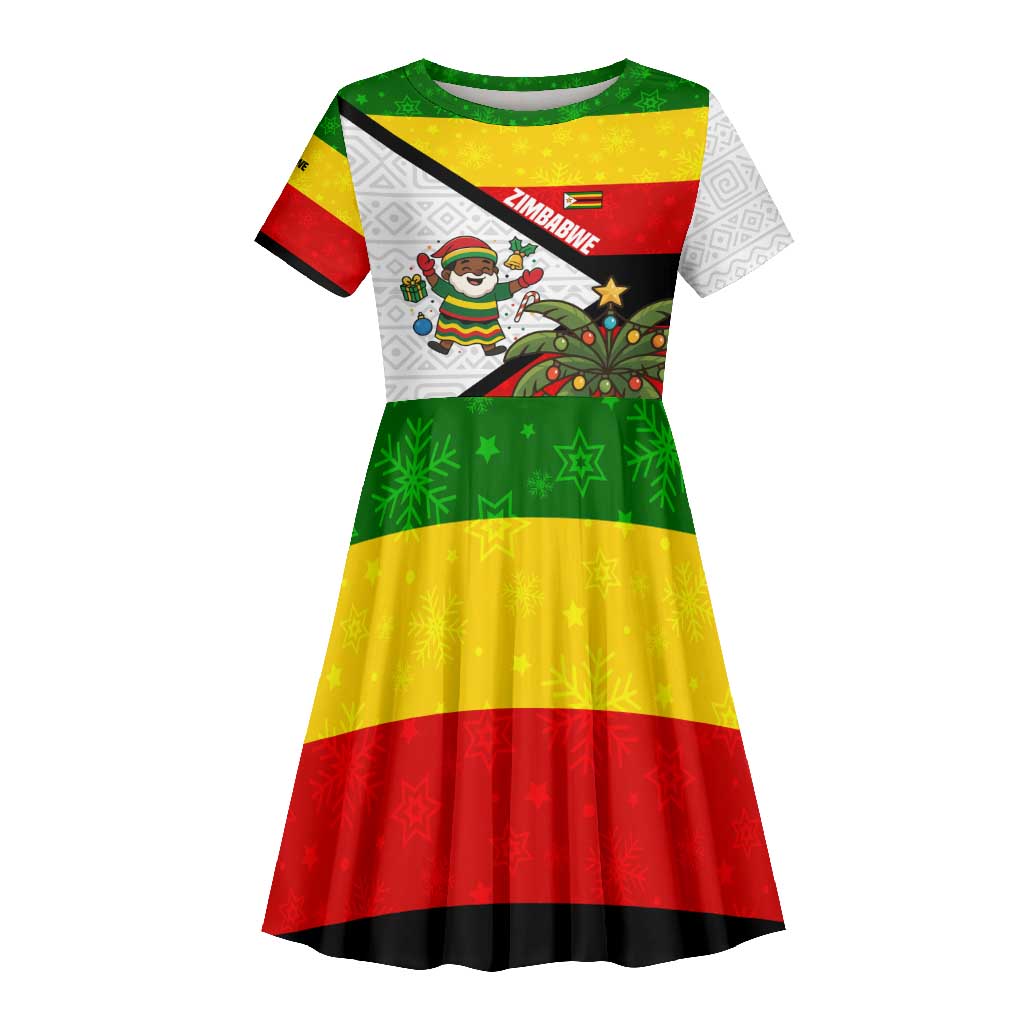 Zimbabwe Christmas Kid Short Sleeve Dress Festive Santa Palm Tree and Red Yellow Green Flag - African Pride
