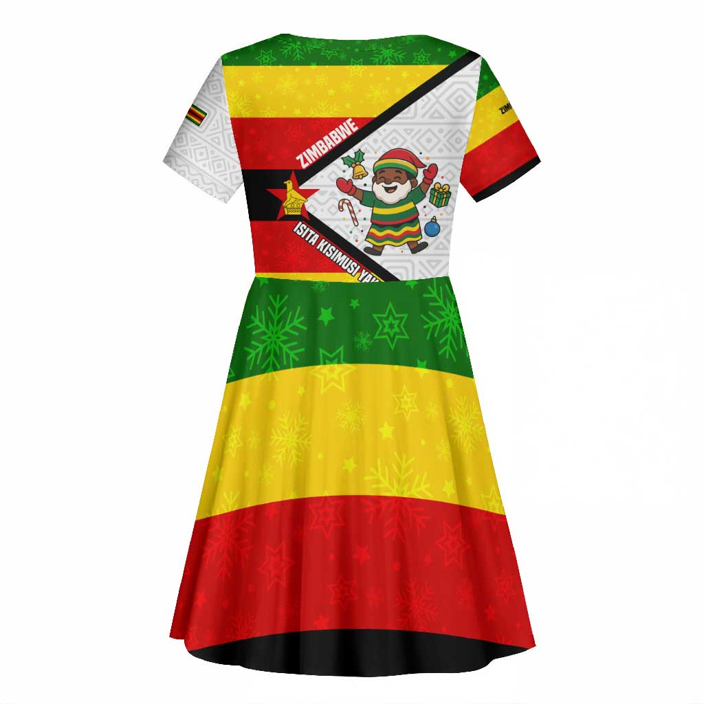 Zimbabwe Christmas Kid Short Sleeve Dress Festive Santa Palm Tree and Red Yellow Green Flag - African Pride