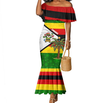 Zimbabwe Christmas Mermaid Dress Festive Santa Palm Tree and Red Yellow Green Flag - African Pride