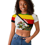 Zimbabwe Christmas Raglan Cropped T shirt Festive Santa Palm Tree and Red Yellow Green Flag - African Pride