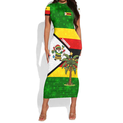 Zimbabwe Christmas Short Sleeve Bodycon Dress Festive Santa Palm Tree and Red Yellow Green Flag - African Pride