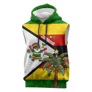 Zimbabwe Christmas Sleeveless Hoodie Festive Santa Palm Tree and Red Yellow Green Flag - African Pride