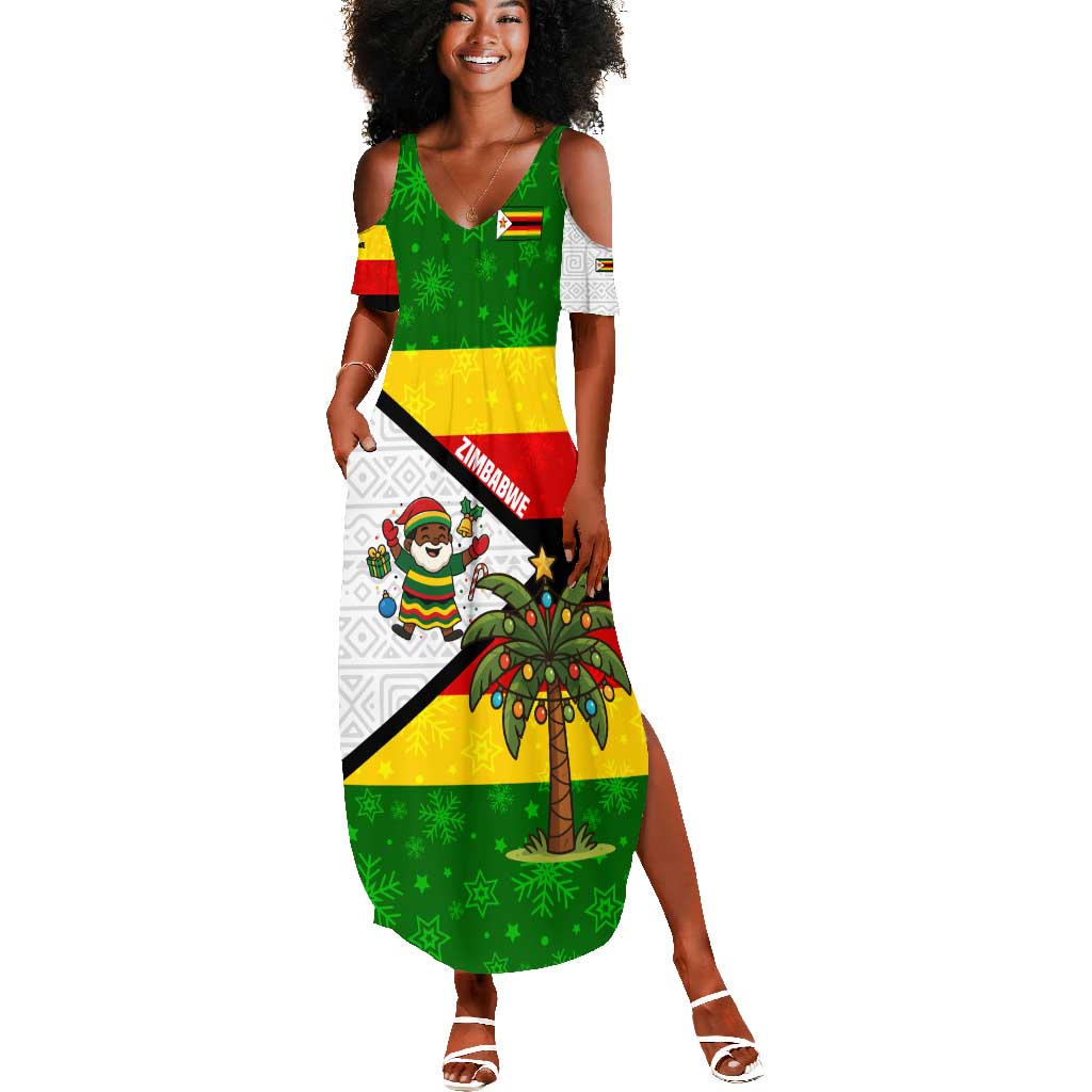 Zimbabwe Christmas Summer Maxi Dress Festive Santa Palm Tree and Red Yellow Green Flag - African Pride