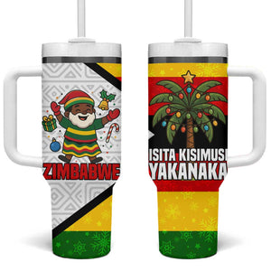 Zimbabwe Christmas Tumbler With Handle Festive Santa Palm Tree and Red Yellow Green Flag - African Pride
