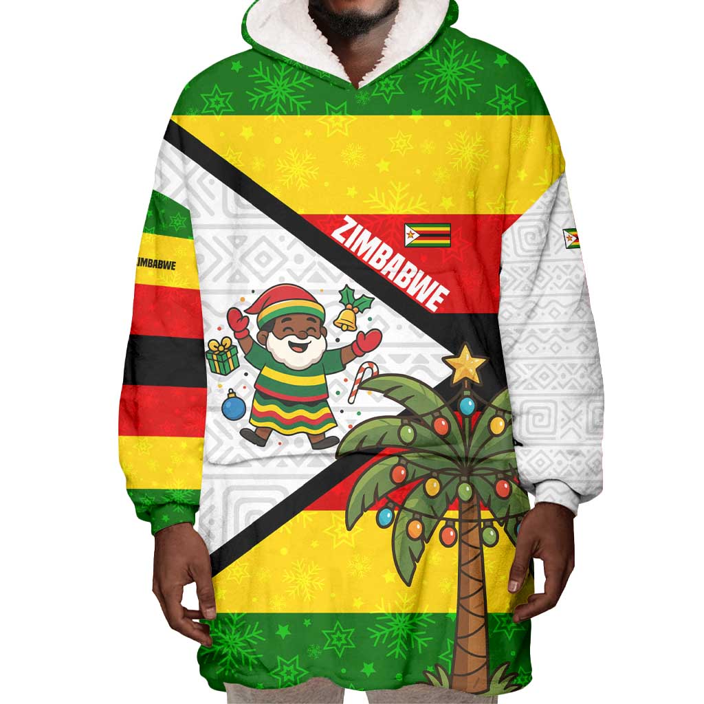 Zimbabwe Christmas Wearable Blanket Hoodie Festive Santa Palm Tree and Red Yellow Green Flag - African Pride