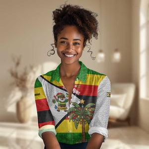 Zimbabwe Christmas Women Casual Shirt Festive Santa Palm Tree and Red Yellow Green Flag - African Pride