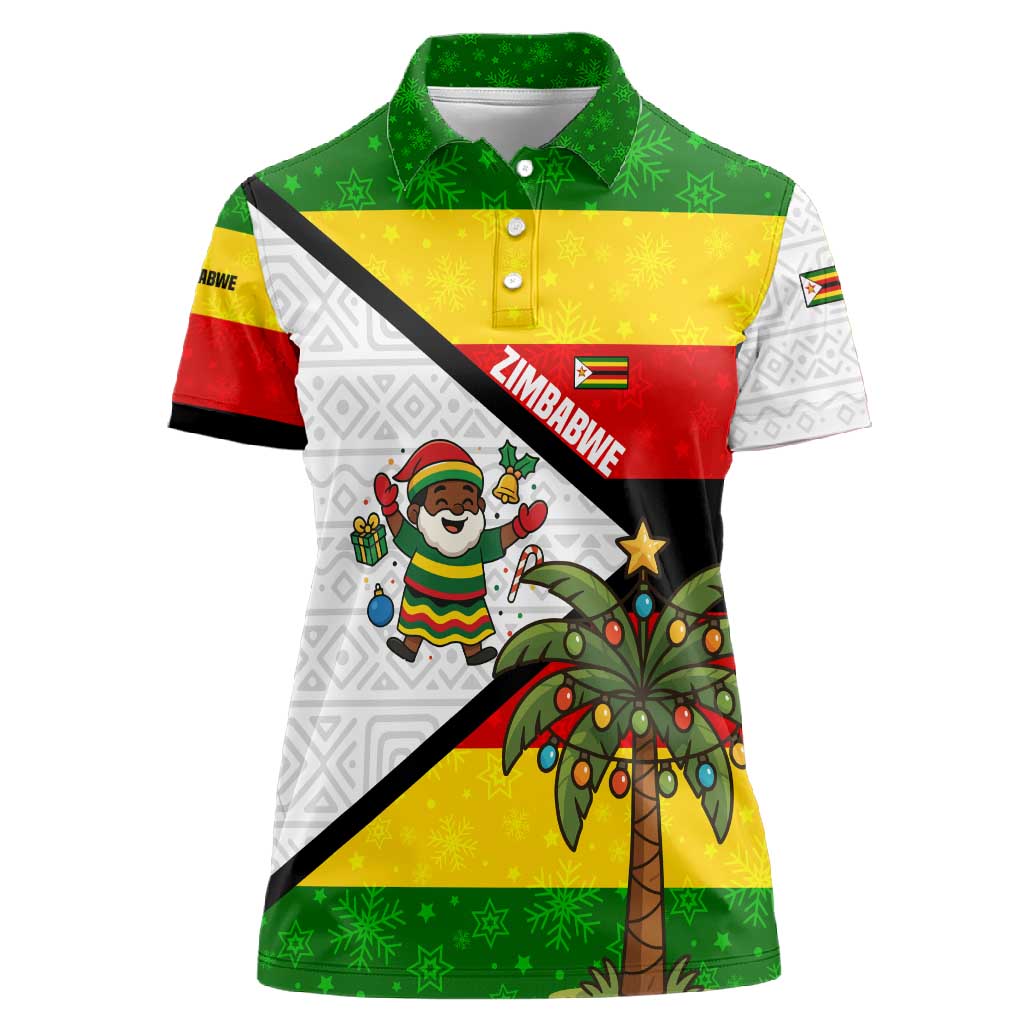Zimbabwe Christmas Women Polo Shirt Festive Santa Palm Tree and Red Yellow Green Flag - African Pride