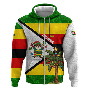Zimbabwe Christmas Zip Hoodie Festive Santa Palm Tree and Red Yellow Green Flag - African Pride