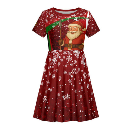 Kenya Christmas Kid Short Sleeve Dress Santa Claus Spear and Red Green Harambee Crest - African Pride