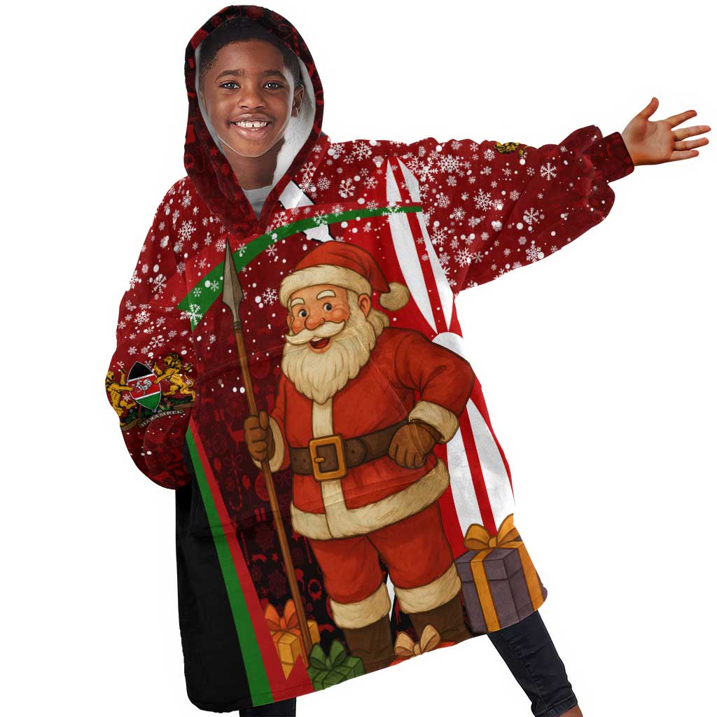 Kenya Christmas Kid Wearable Blanket Hoodie Santa Claus Spear and Red Green Harambee Crest - African Pride