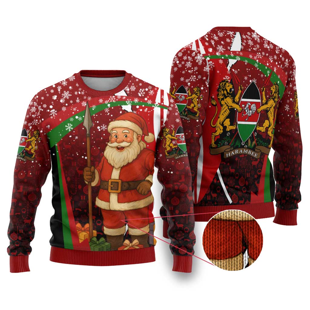 Kenya Christmas Ugly Christmas Sweater Santa Claus Spear and Red Green Harambee Crest - African Pride