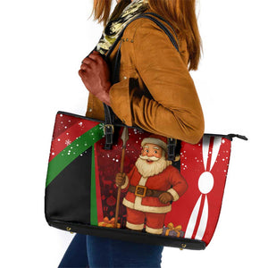 Kenya Christmas Leather Tote Bag Santa Claus Spear and Red Green Harambee Crest - African Pride