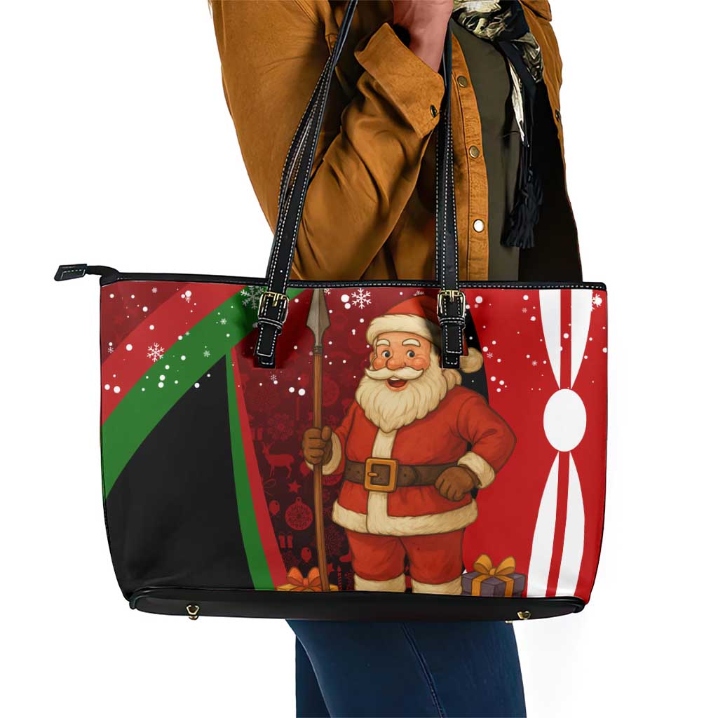 Kenya Christmas Leather Tote Bag Santa Claus Spear and Red Green Harambee Crest - African Pride