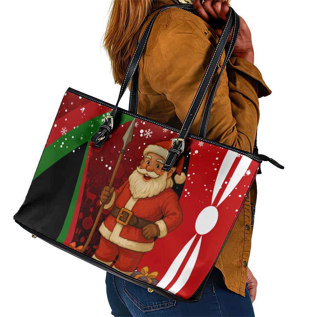 Kenya Christmas Leather Tote Bag Santa Claus Spear and Red Green Harambee Crest - African Pride