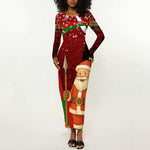 Kenya Christmas Long Sleeve Bodycon Dress Santa Claus Spear and Red Green Harambee Crest - African Pride