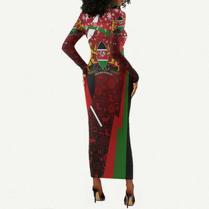 Kenya Christmas Long Sleeve Bodycon Dress Santa Claus Spear and Red Green Harambee Crest - African Pride