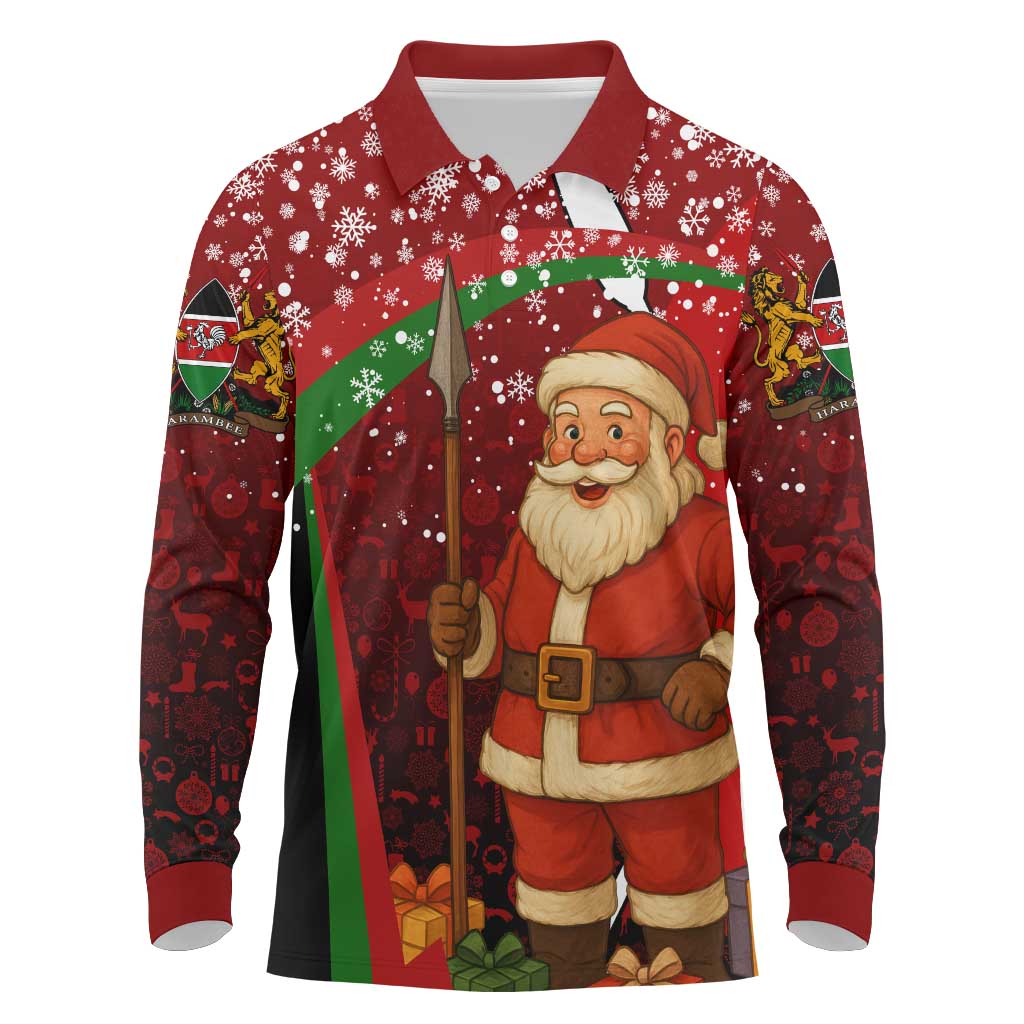 Kenya Christmas Long Sleeve Polo Shirt Santa Claus Spear and Red Green Harambee Crest - African Pride