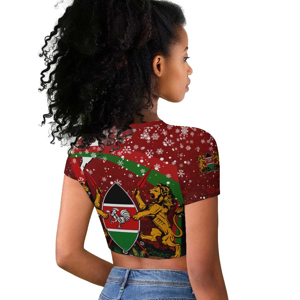 Kenya Christmas Raglan Cropped T shirt Santa Claus Spear and Red Green Harambee Crest - African Pride