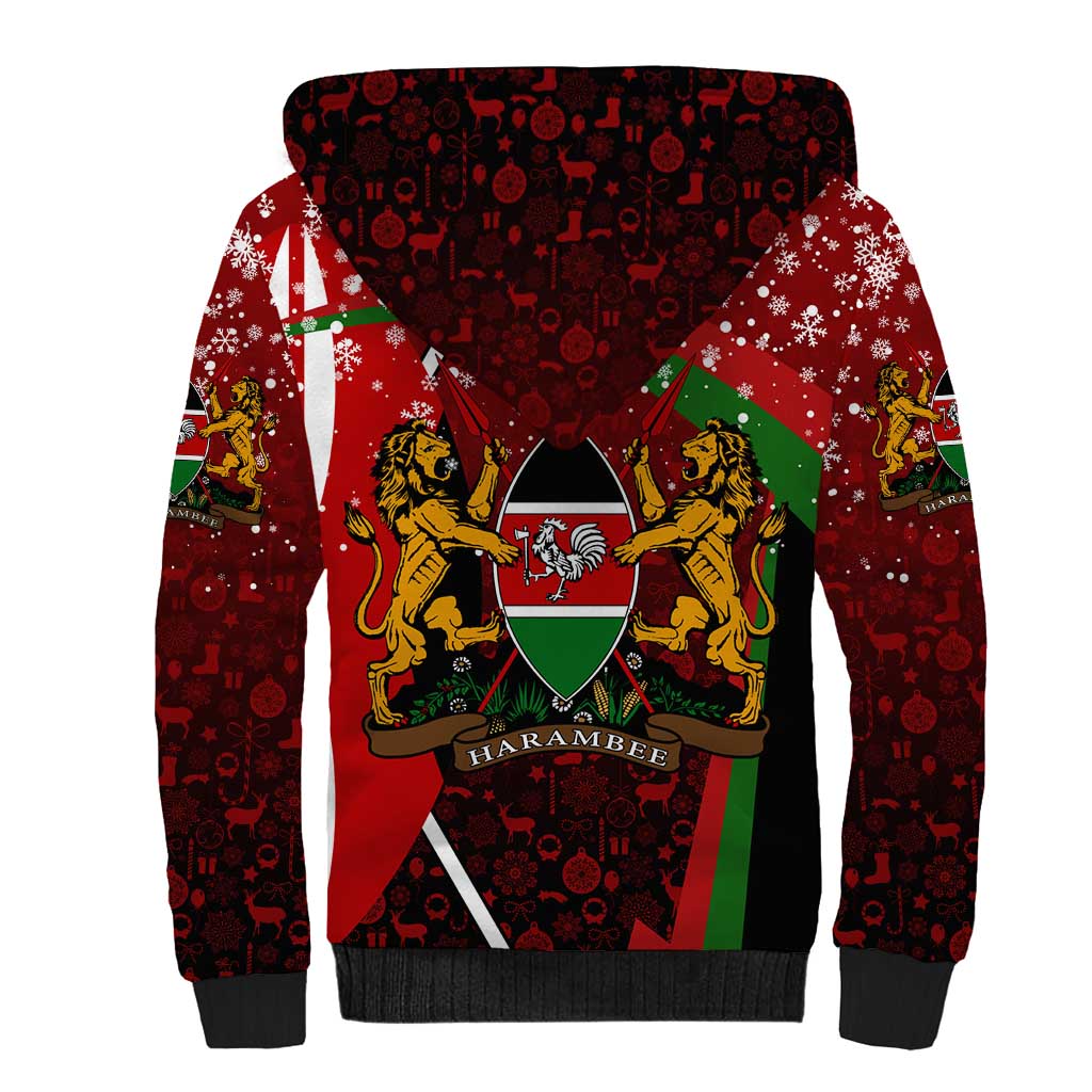 Kenya Christmas Sherpa Hoodie Santa Claus Spear and Red Green Harambee Crest - African Pride