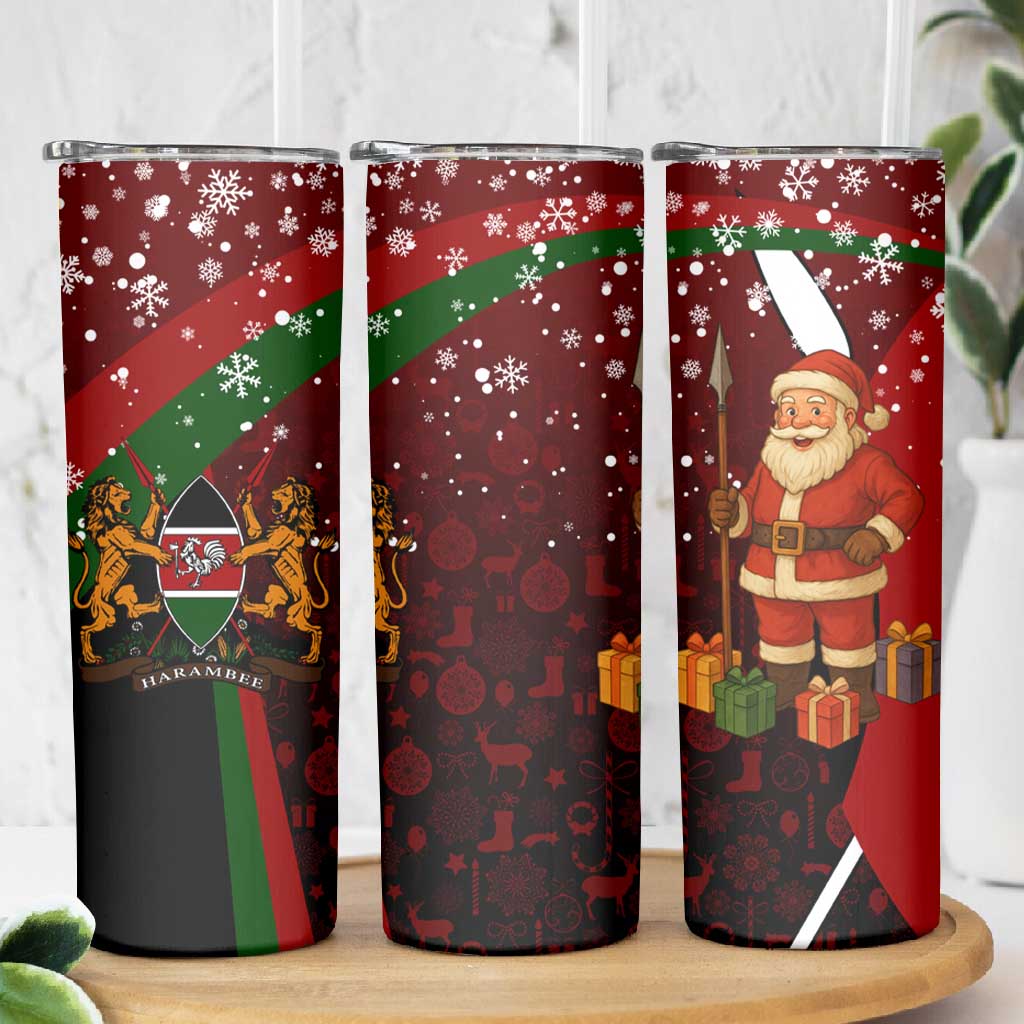 Kenya Christmas Skinny Tumbler Santa Claus Spear and Red Green Harambee Crest - African Pride