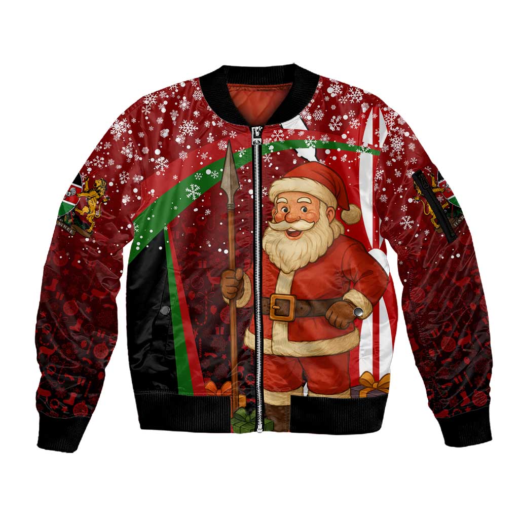 Kenya Christmas Sleeve Zip Bomber Jacket Santa Claus Spear and Red Green Harambee Crest - African Pride