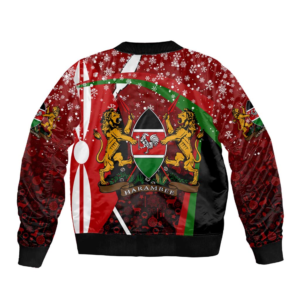 Kenya Christmas Sleeve Zip Bomber Jacket Santa Claus Spear and Red Green Harambee Crest - African Pride