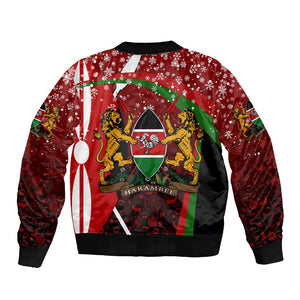 Kenya Christmas Sleeve Zip Bomber Jacket Santa Claus Spear and Red Green Harambee Crest - African Pride