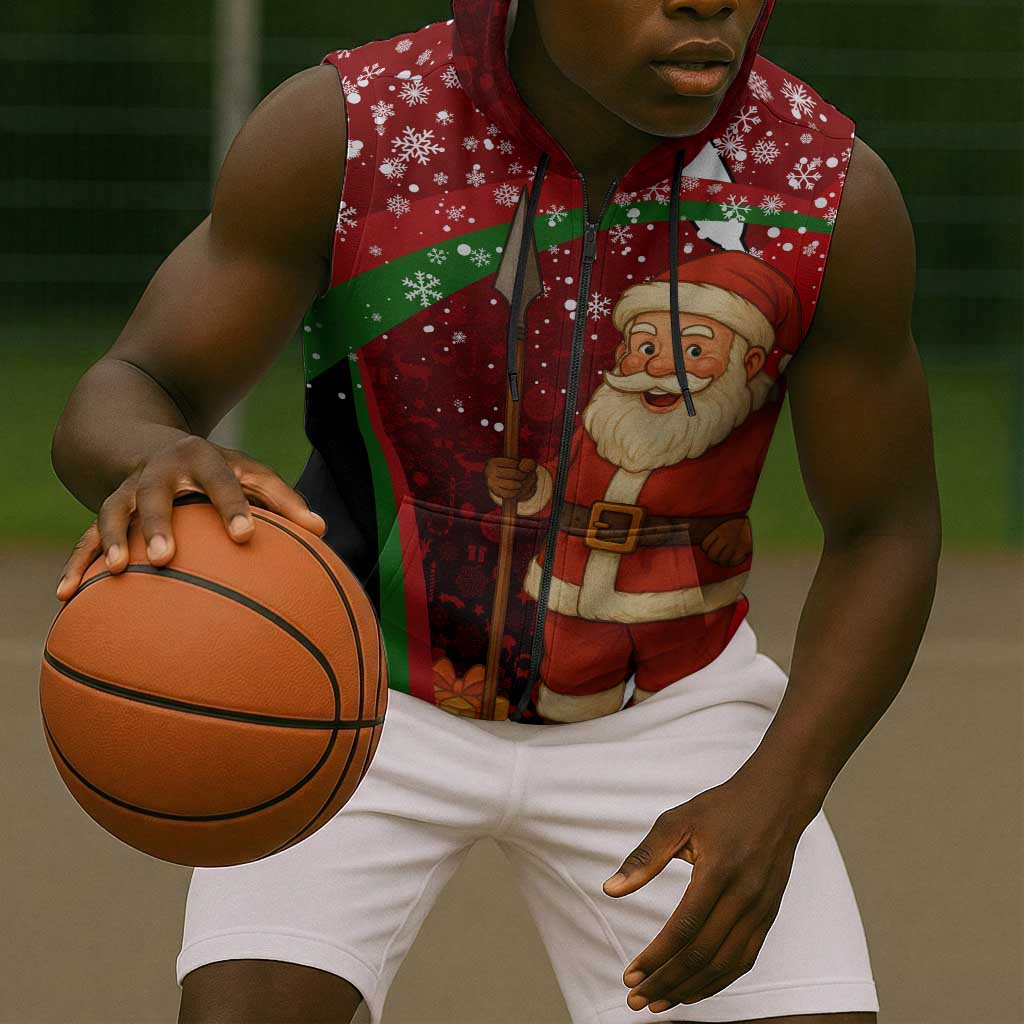 Kenya Christmas Sleeveless Zip Hoodie Santa Claus Spear and Red Green Harambee Crest - African Pride