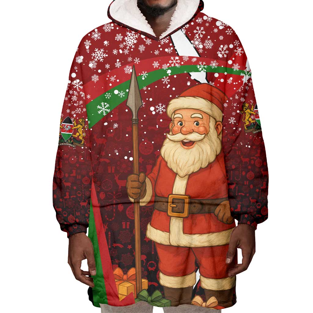 Kenya Christmas Wearable Blanket Hoodie Santa Claus Spear and Red Green Harambee Crest - African Pride