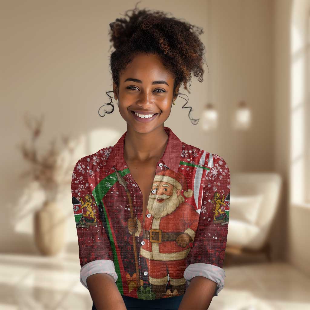 Kenya Christmas Women Casual Shirt Santa Claus Spear and Red Green Harambee Crest - African Pride