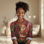 Kenya Christmas Women Casual Shirt Santa Claus Spear and Red Green Harambee Crest - African Pride