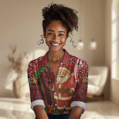 Kenya Christmas Women Casual Shirt Santa Claus Spear and Red Green Harambee Crest - African Pride