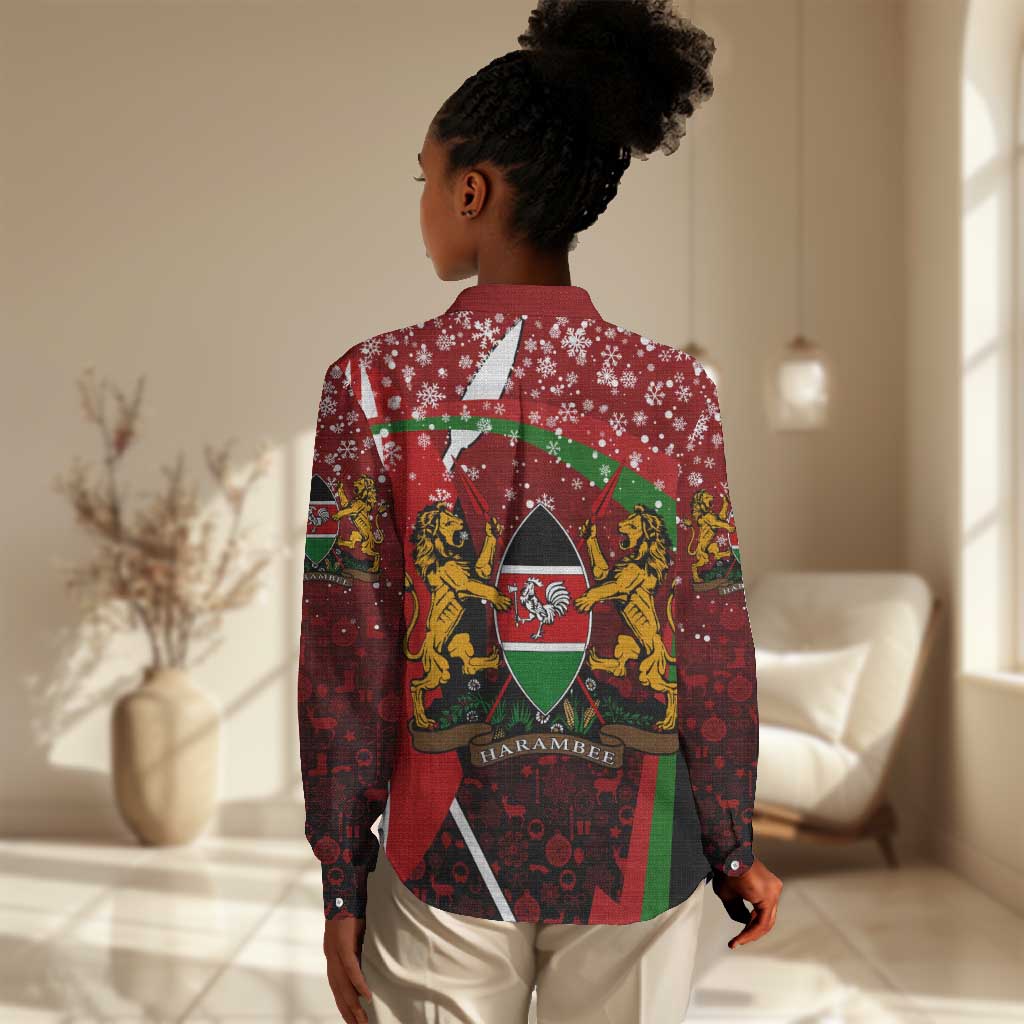 Kenya Christmas Women Casual Shirt Santa Claus Spear and Red Green Harambee Crest - African Pride