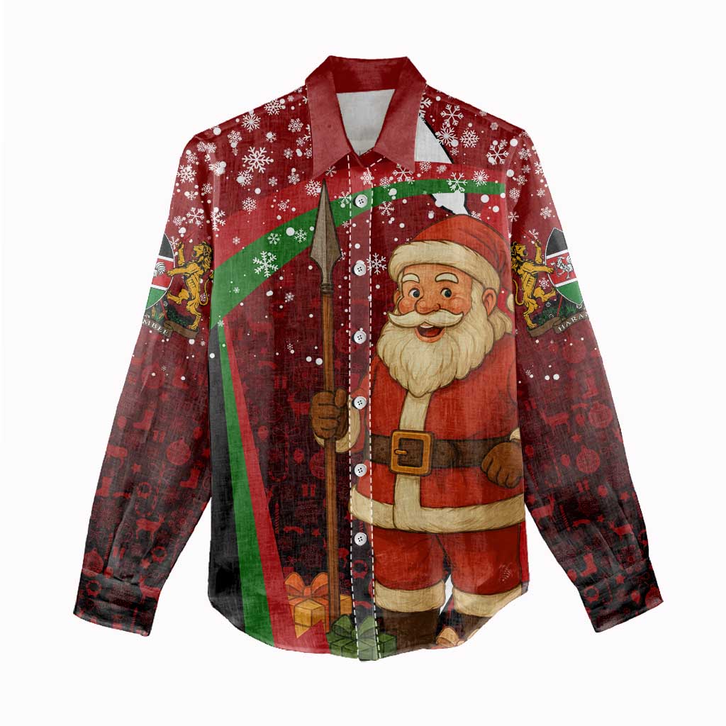 Kenya Christmas Women Casual Shirt Santa Claus Spear and Red Green Harambee Crest - African Pride
