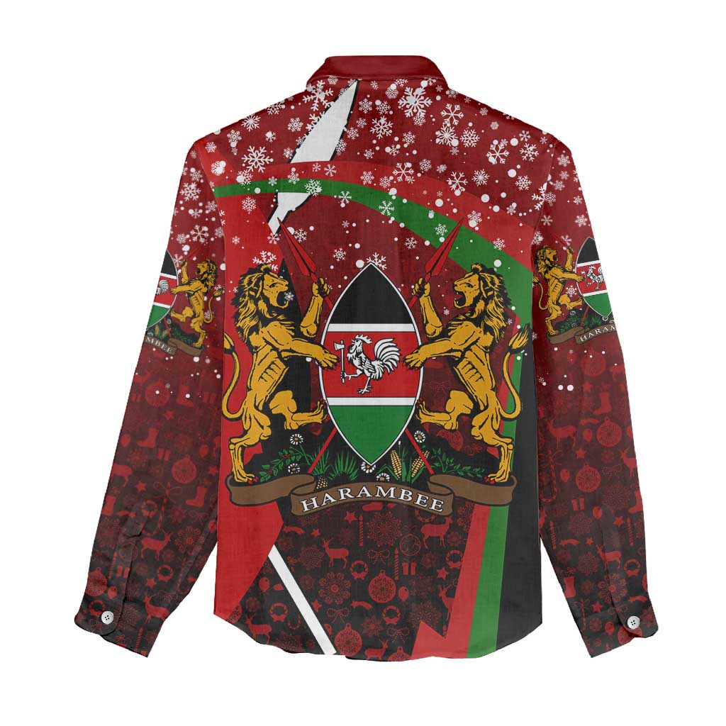 Kenya Christmas Women Casual Shirt Santa Claus Spear and Red Green Harambee Crest - African Pride