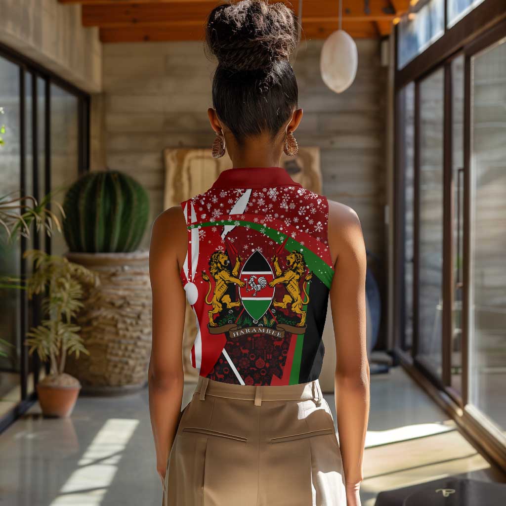 Kenya Christmas Women Sleeveless Polo Shirt Santa Claus Spear and Red Green Harambee Crest - African Pride