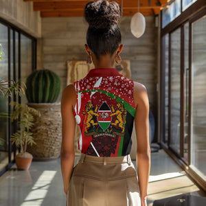 Kenya Christmas Women Sleeveless Polo Shirt Santa Claus Spear and Red Green Harambee Crest - African Pride