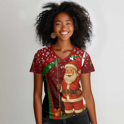 Kenya Christmas Women V-Neck T-Shirt Santa Claus Spear and Red Green Harambee Crest - African Pride