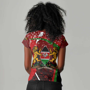 Kenya Christmas Women V-Neck T-Shirt Santa Claus Spear and Red Green Harambee Crest - African Pride