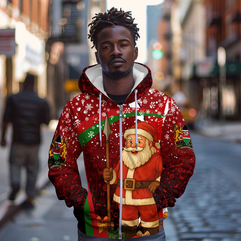 Kenya Christmas Zip Hoodie Santa Claus Spear and Red Green Harambee Crest - African Pride