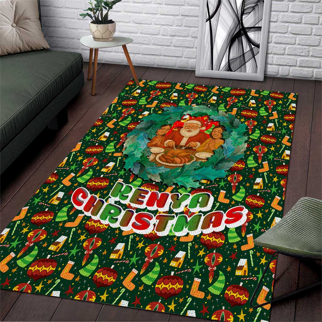 Kenya Christmas Area Rug Santa Feast Scene and Festive Wreath Pattern - African Pride