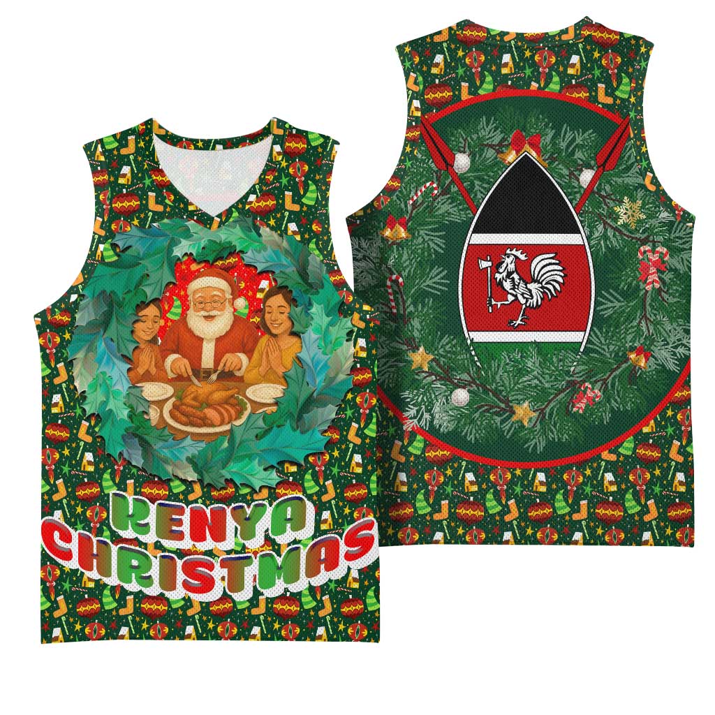 Kenya Christmas Basketball Jersey Santa Feast Scene and Festive Wreath Pattern TS04