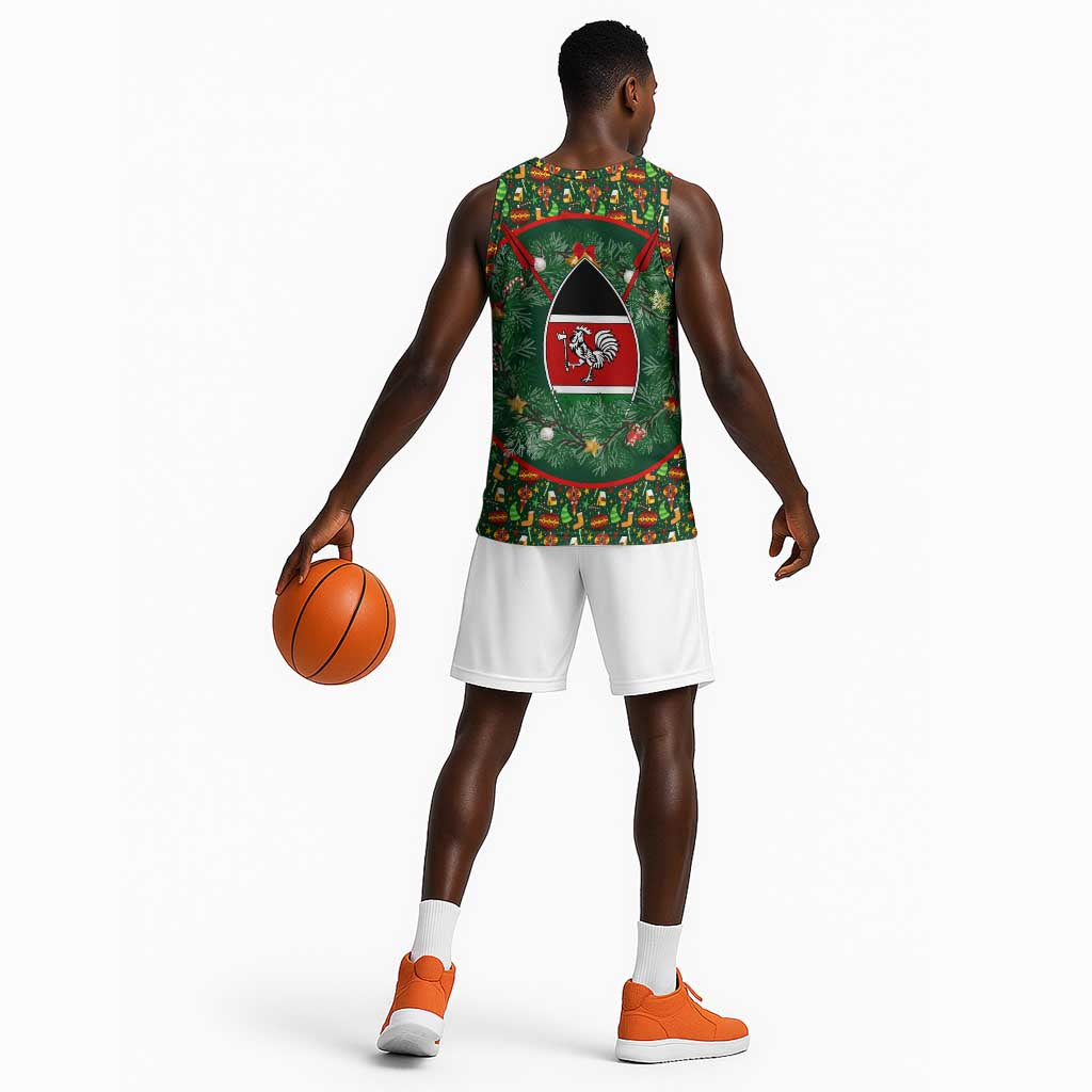 Kenya Christmas Basketball Jersey Santa Feast Scene and Festive Wreath Pattern TS04