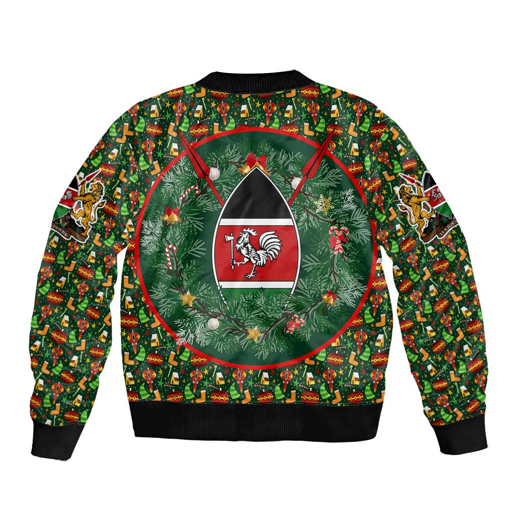 Kenya Christmas Bomber Jacket Santa Feast Scene and Festive Wreath Pattern - African Pride