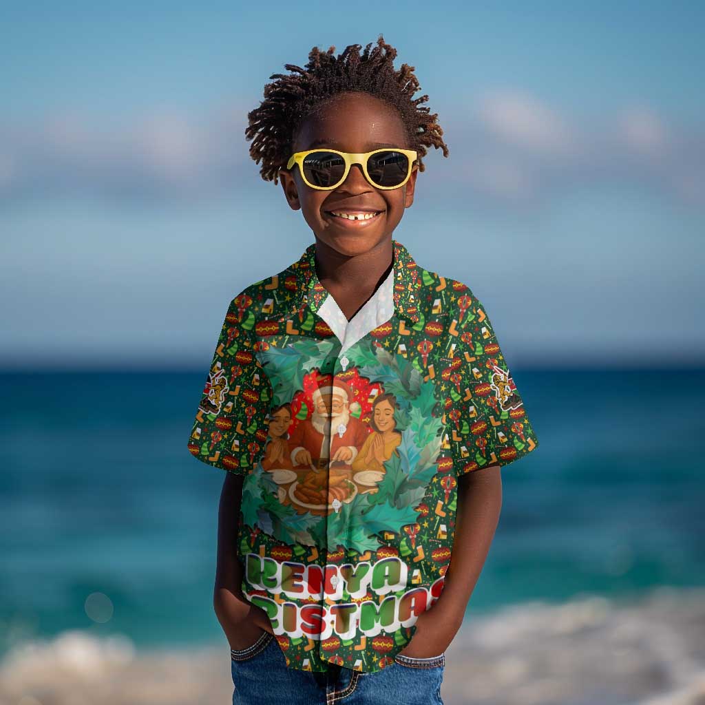 Kenya Christmas Kid Hawaiian Shirt Santa Feast Scene and Festive Wreath Pattern - African Pride