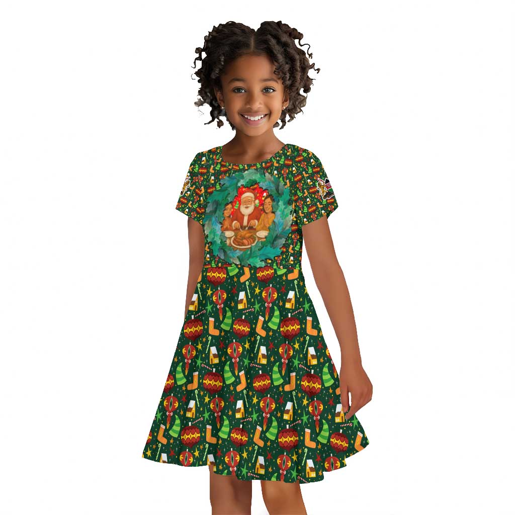 Kenya Christmas Kid Short Sleeve Dress Santa Feast Scene and Festive Wreath Pattern - African Pride